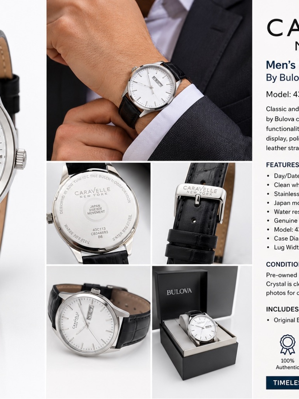 Men's Black Leather Strap Watch - Silver Case